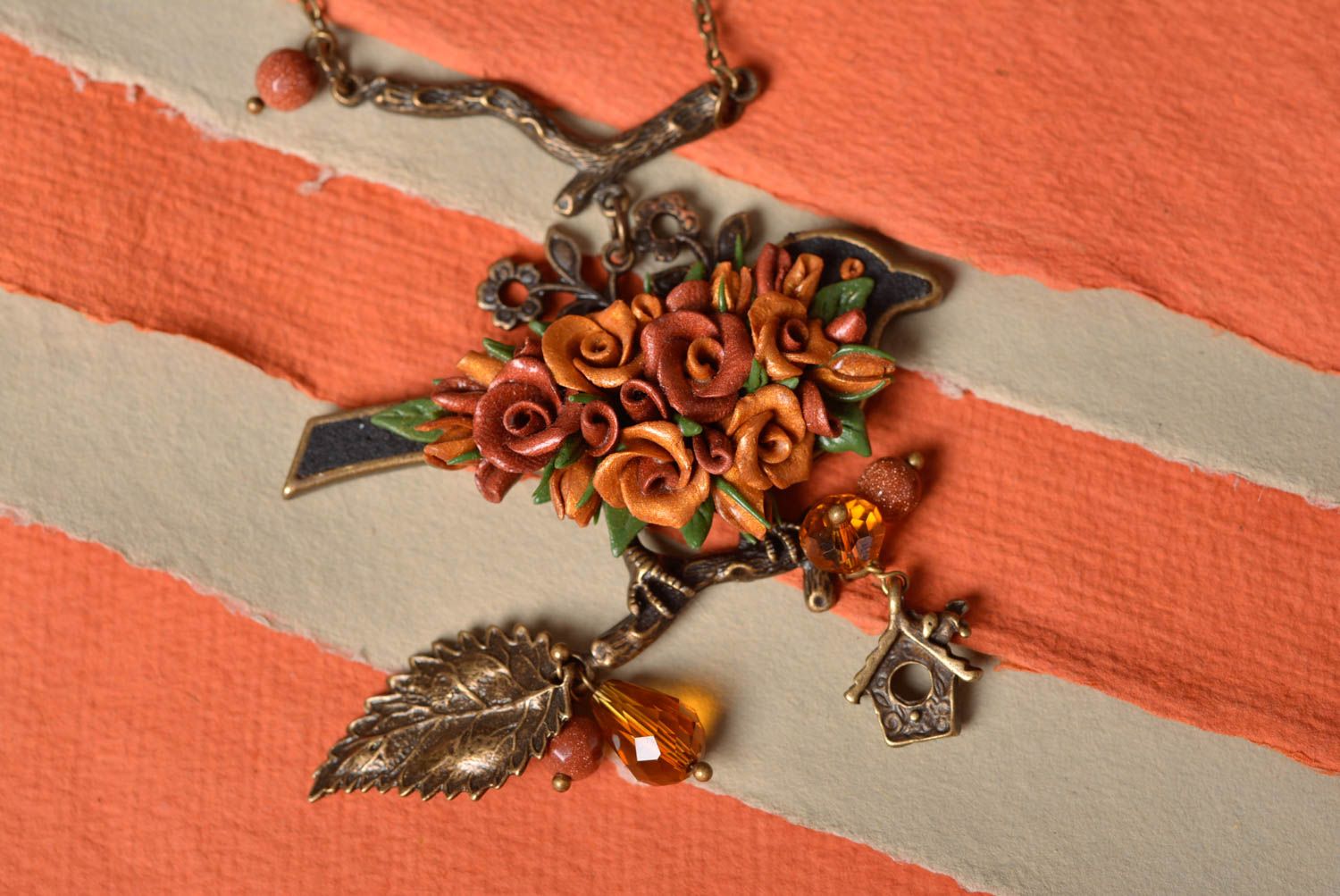 Beautiful brown handmade designer polymer clay flower pendant necklace photo 1