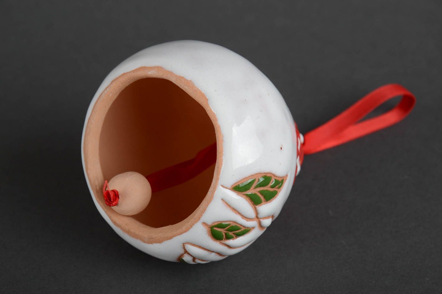 Handmade decorative pottery ceramic white bell with red flowers on red ribbon photo 3