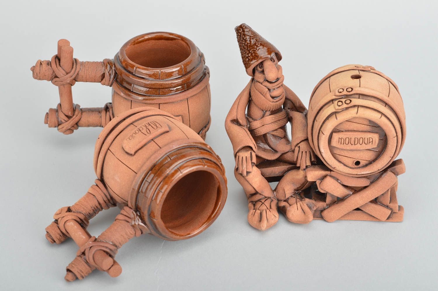 Фигурка из глины и две чашки набор из трех изделий коричневые ручная работа фото 5