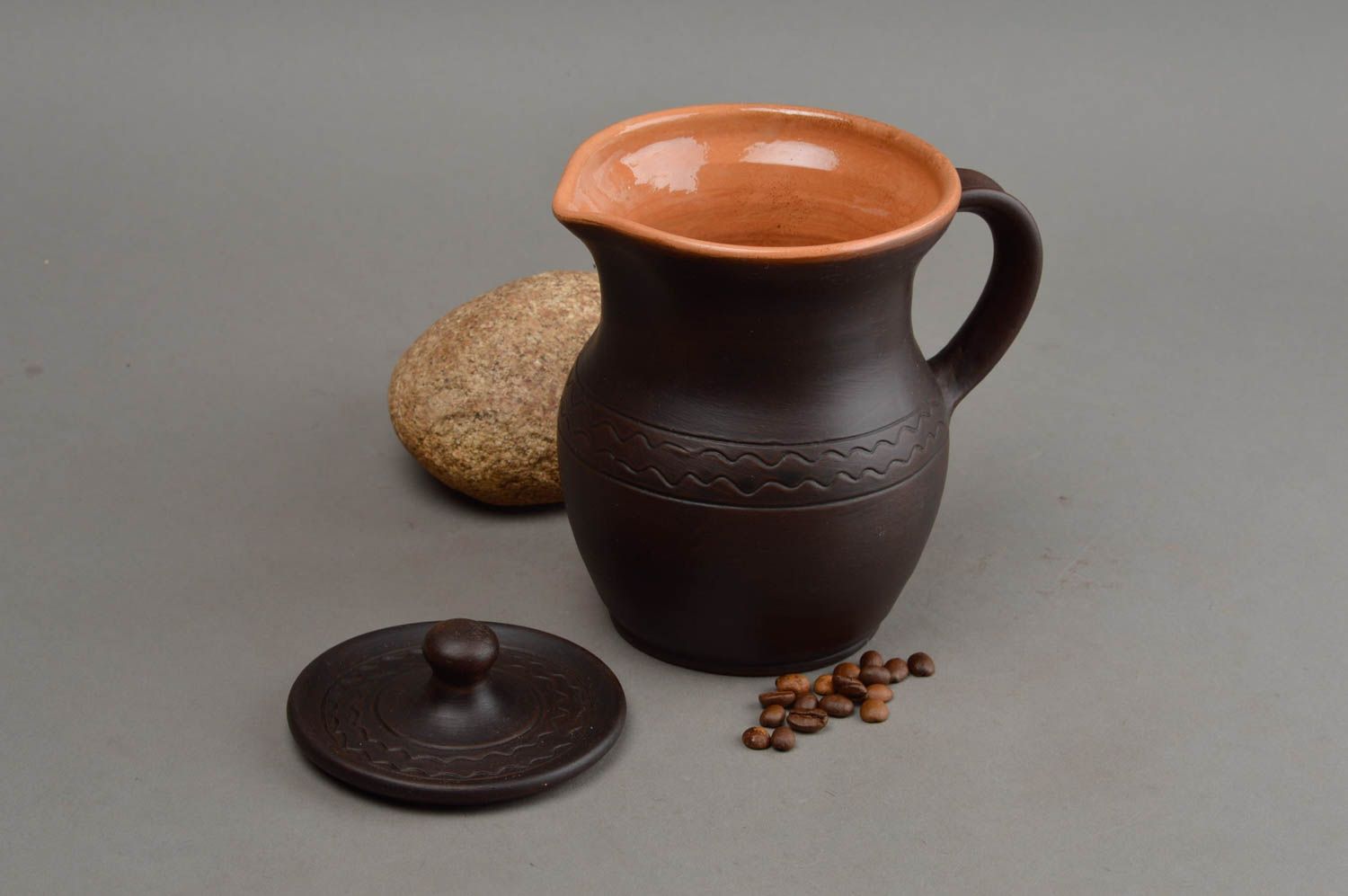 Cruche céramique avec couvercle faite main marron ornementée 50 cl ethnique photo 1