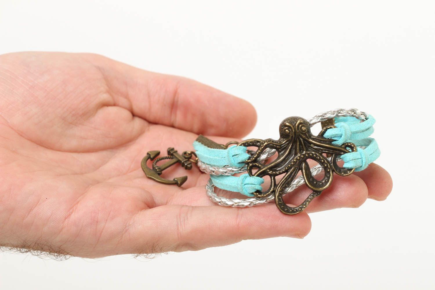 Bracelet bleu Bijou fait main cuir daim avec pieuvre en métal Cadeau pour femme photo 5
