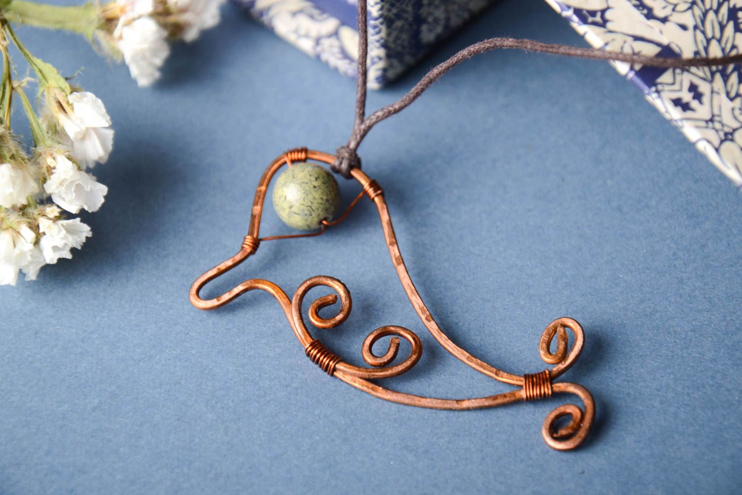 Handmade copper necklace elegant pendant handmade jewelry with natural stones photo 1