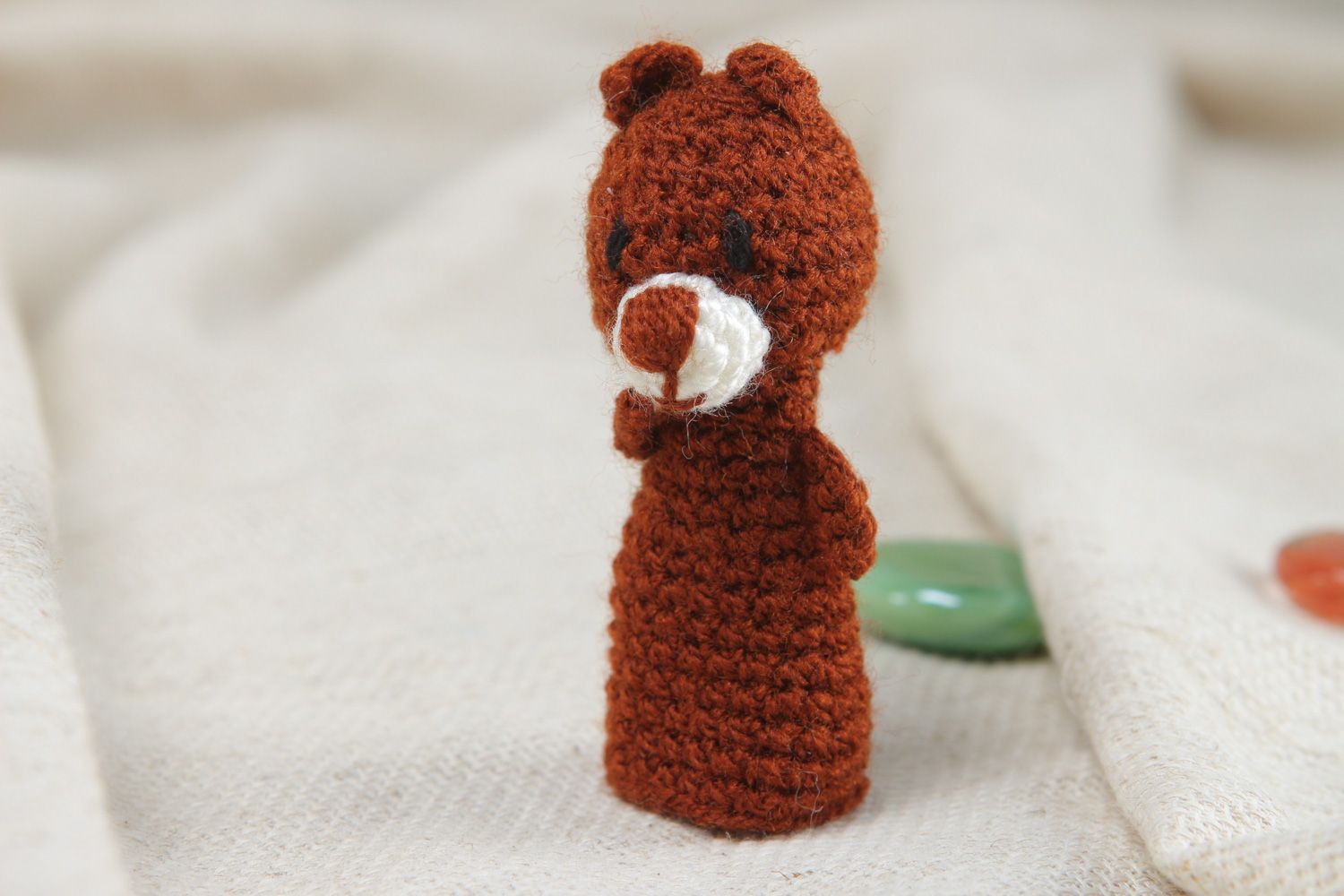 Handmade finger puppet in the shape of brown bear crocheted of acrylic threads photo 5