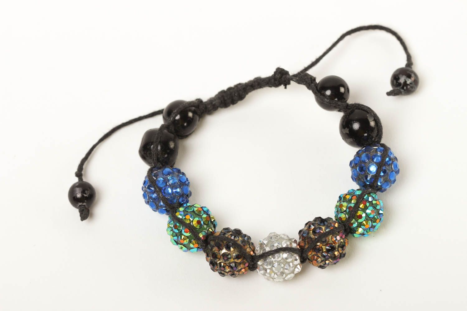 Handmade black wax strand cord bracelet with multicolor beads photo 1