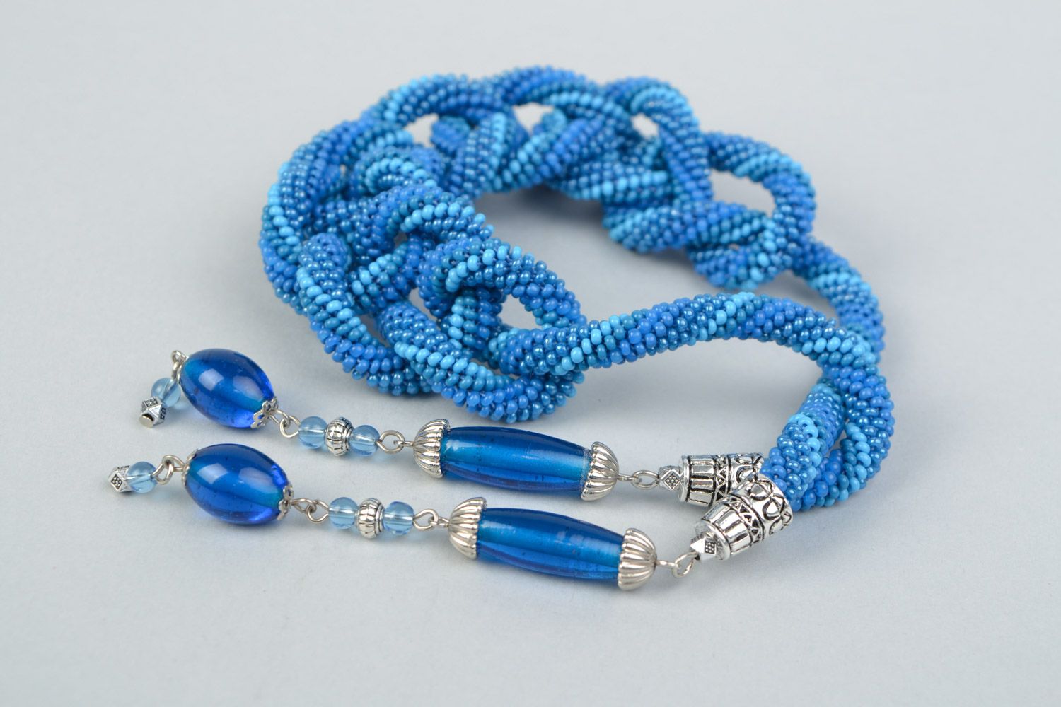 Handmade lariat blue beaded necklace made of Czech glass photo 1