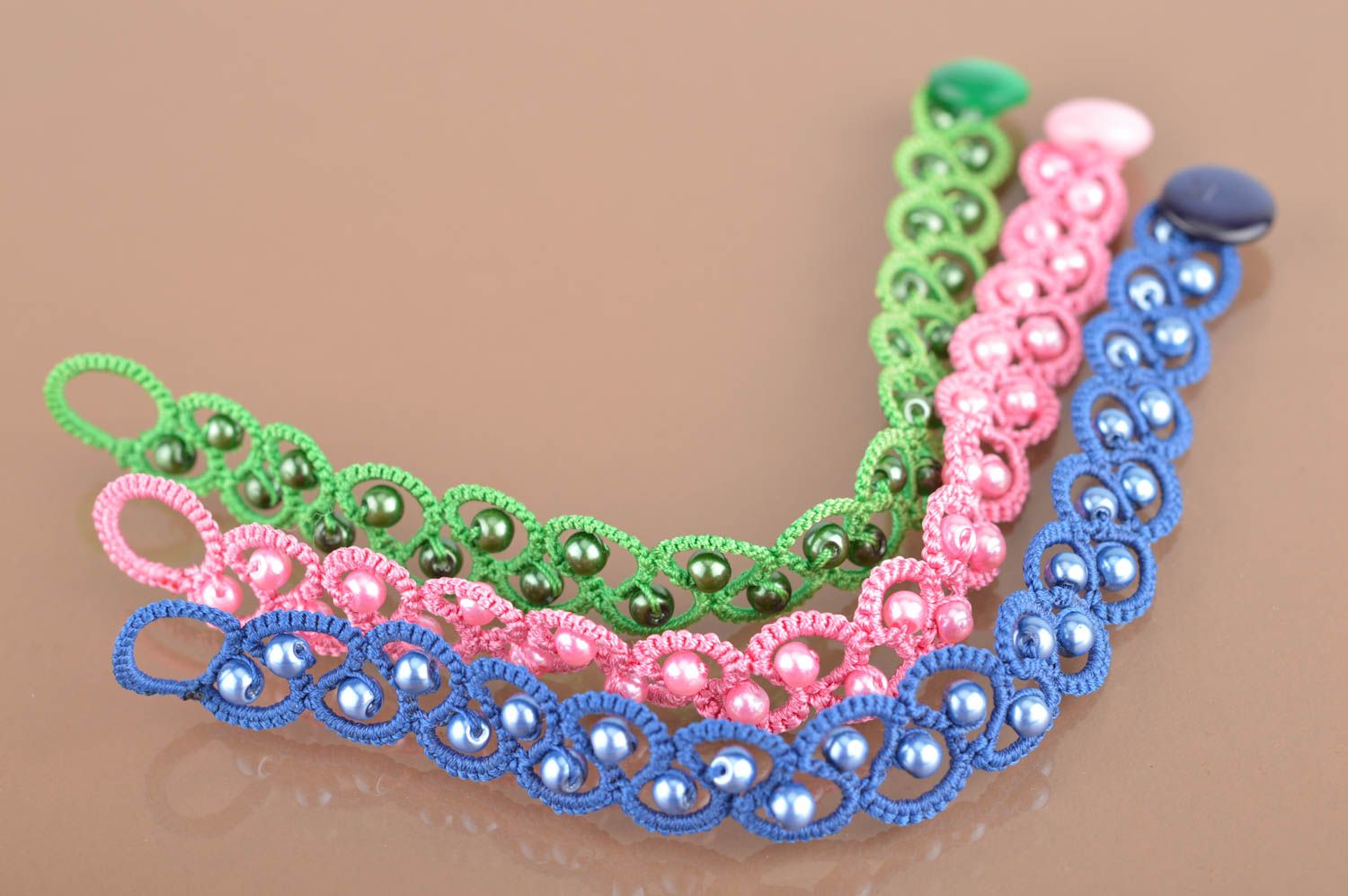 Set of 3 handmade designer tatted lace bracelets with beads green pink blue photo 5