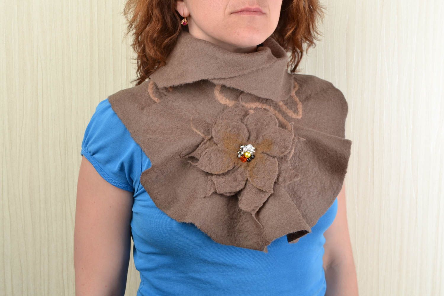 Warm scarf with flower brooch made of merino wool coffee with milk color  photo 2