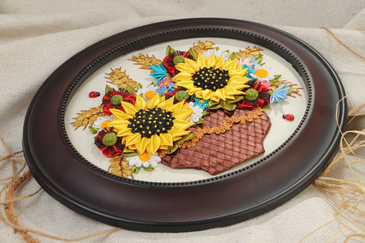 Handmade oval wall picture embroidered with satin ribbons with frame Sunflowers photo 1