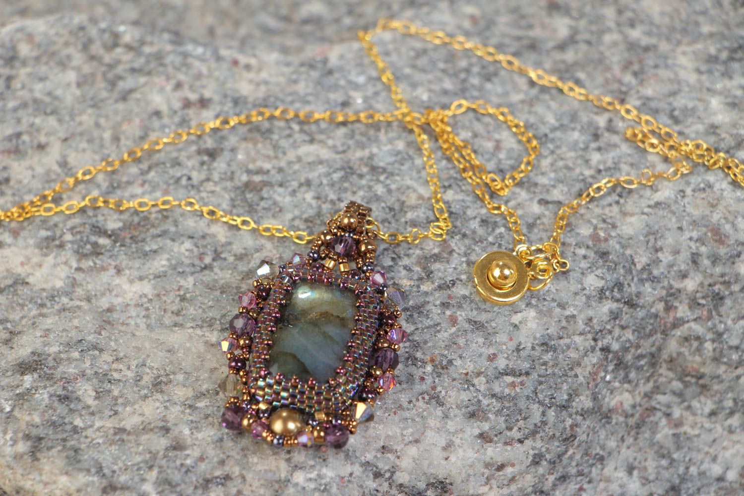 Beautiful braided beaded pendant on a chain with labradorite evening accessory photo 1