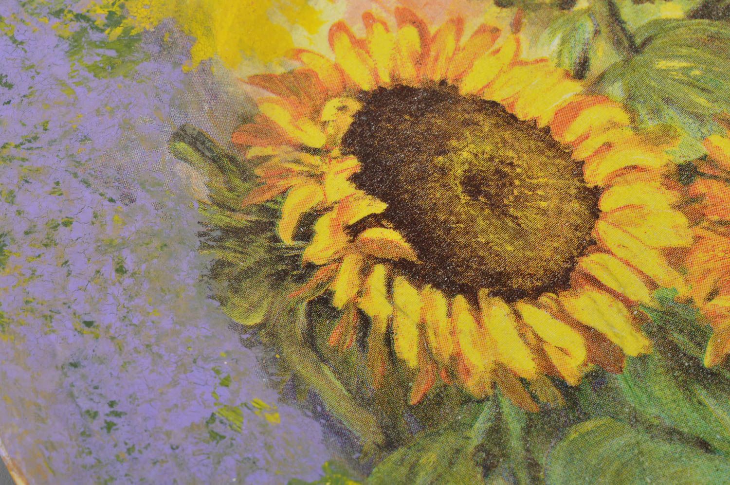 Handgemachter dekorativer Wandteller aus Glas bunt in Decoupage Sonnenblumen foto 3