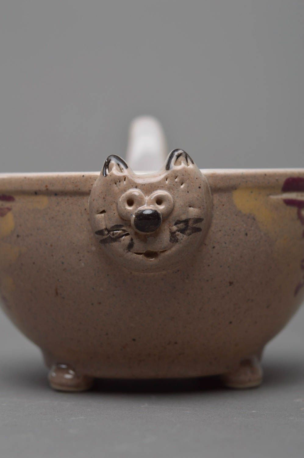 Tasse originale petite faite main en porcelaine en forme de chat gris vaisselle photo 2