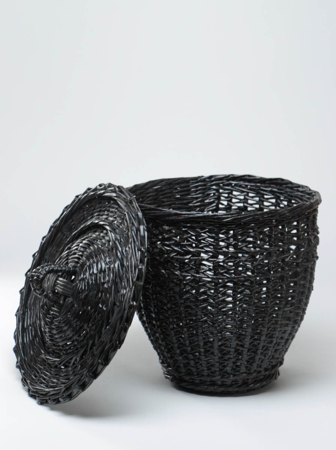 Handmade black decorative basket with lid woven of paper tubes of unusual shape photo 3