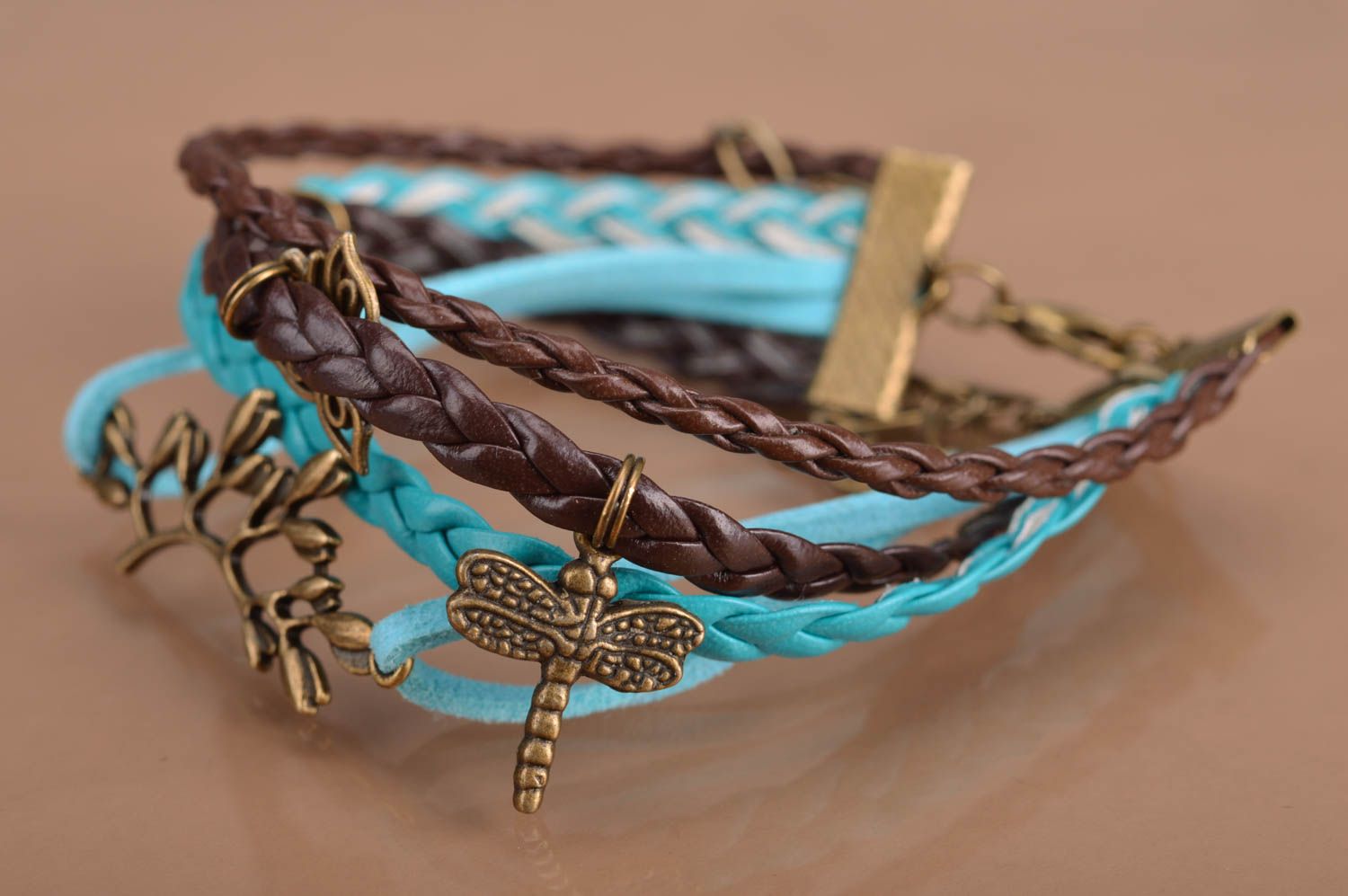 Handmade multi row brown and turquoise suede cord wrist bracelet with charms photo 5