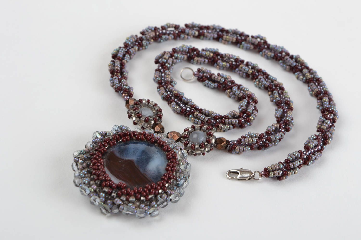 Beaded pendant with natural stones long gray handmade designer accessory photo 4