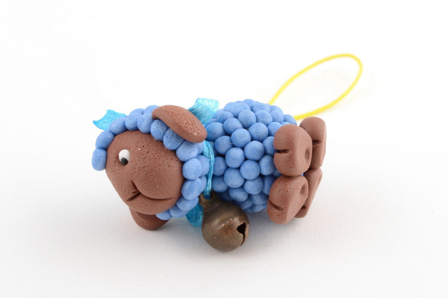Handmade blue stylish keychain made of polymer clay in shape of sheep  photo 4