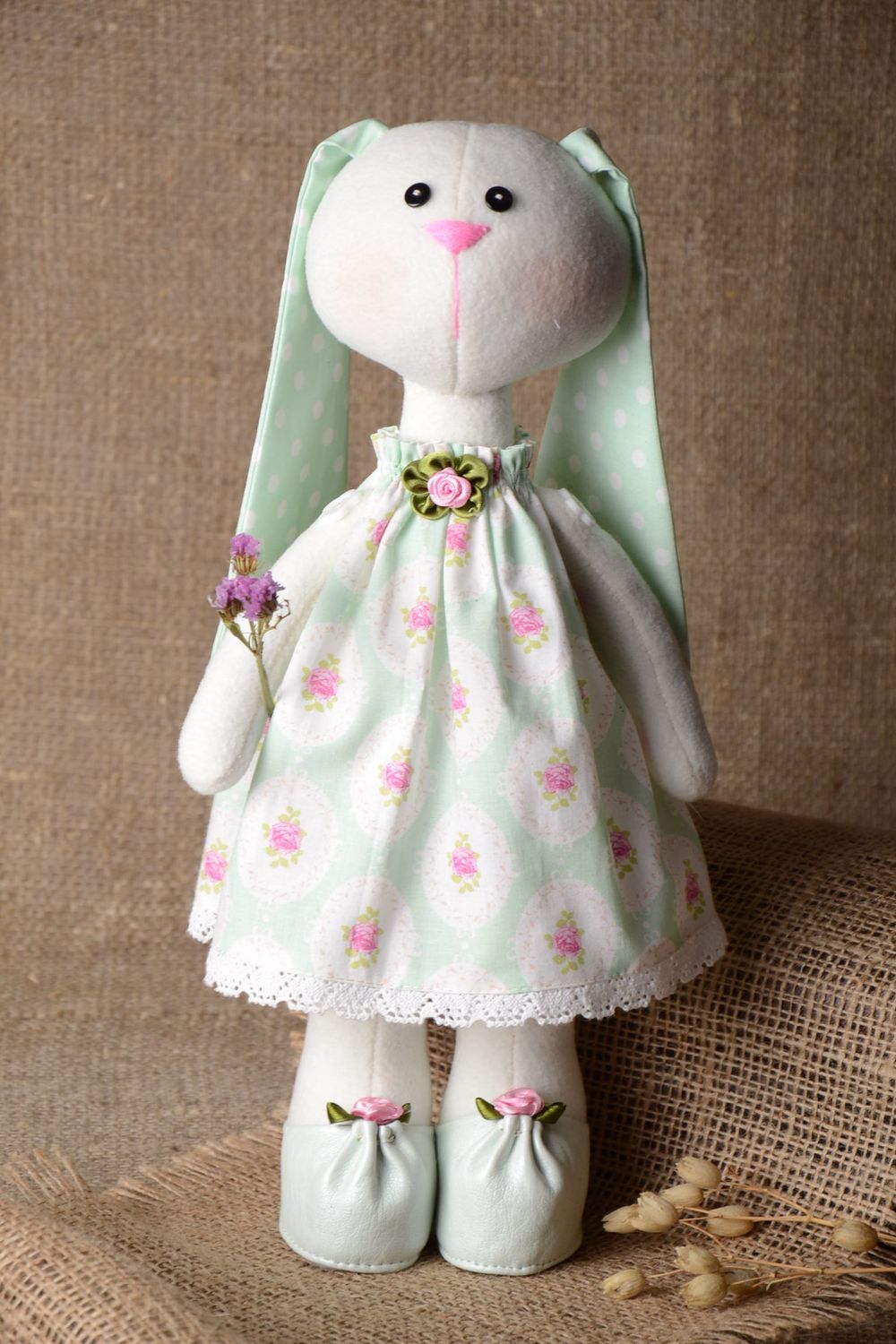 Handmade collectible doll soft doll in dress nursery decor bunny toy for kids photo 1