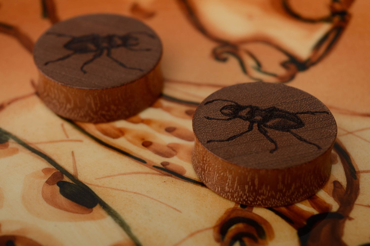 Beautiful wooden ear plugs with engraving Beetles photo 3
