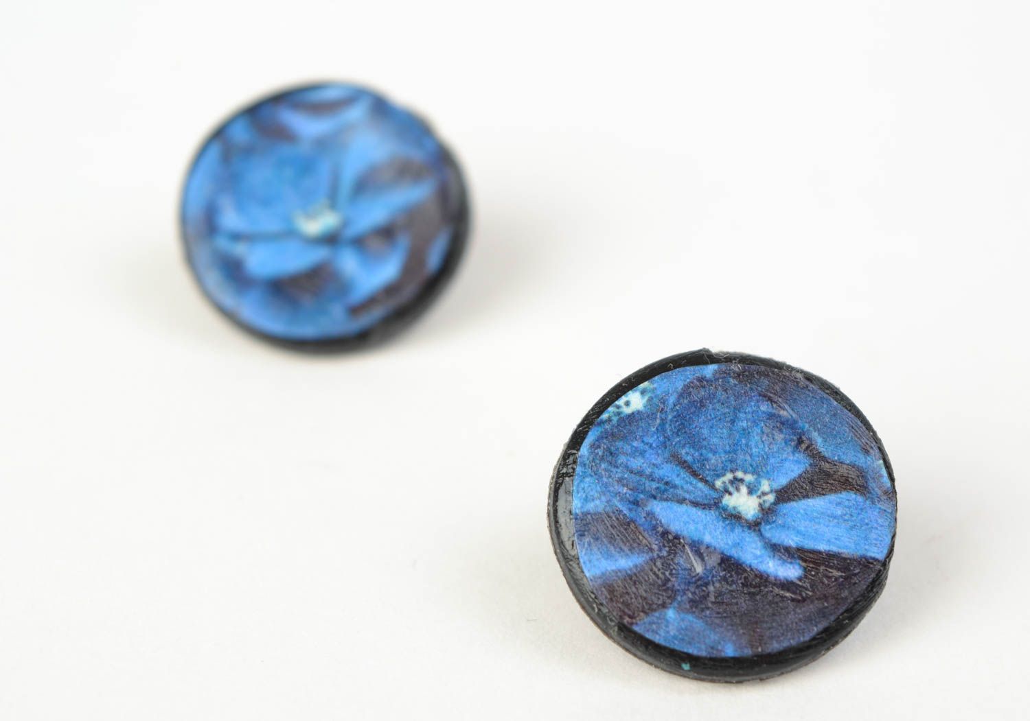 Handmade round polymer clay stud earrings with decoupage in blue color palette photo 5