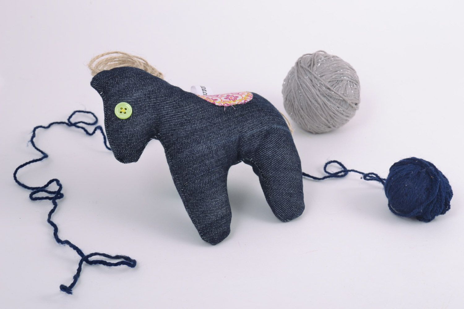 Handmade small dark blue fabric soft toy with buckwheat husk filler Horse photo 1