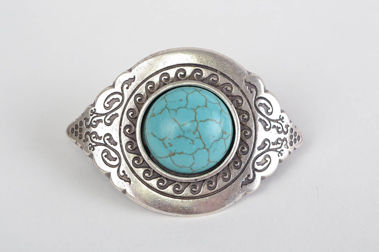Handmade designer decorative metal hair clip with natural turquoise stone photo 1