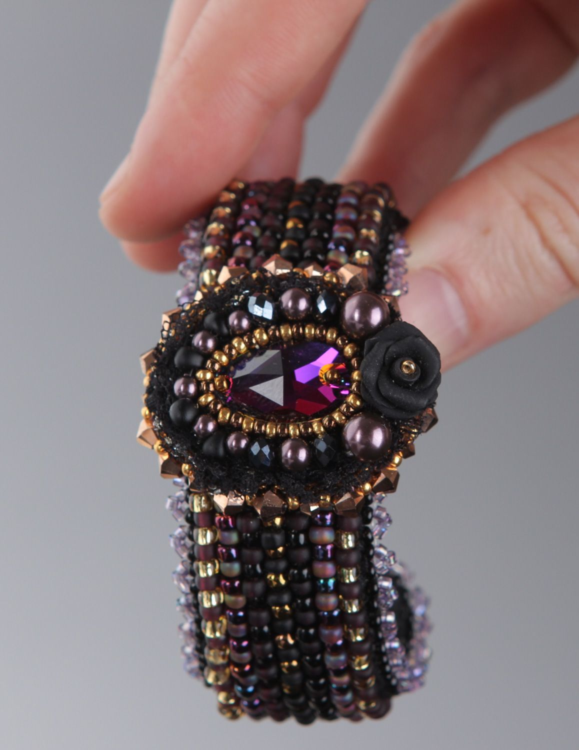 Elegant handmade wrist bracelet embroidered with beads and crystals for ladies photo 4