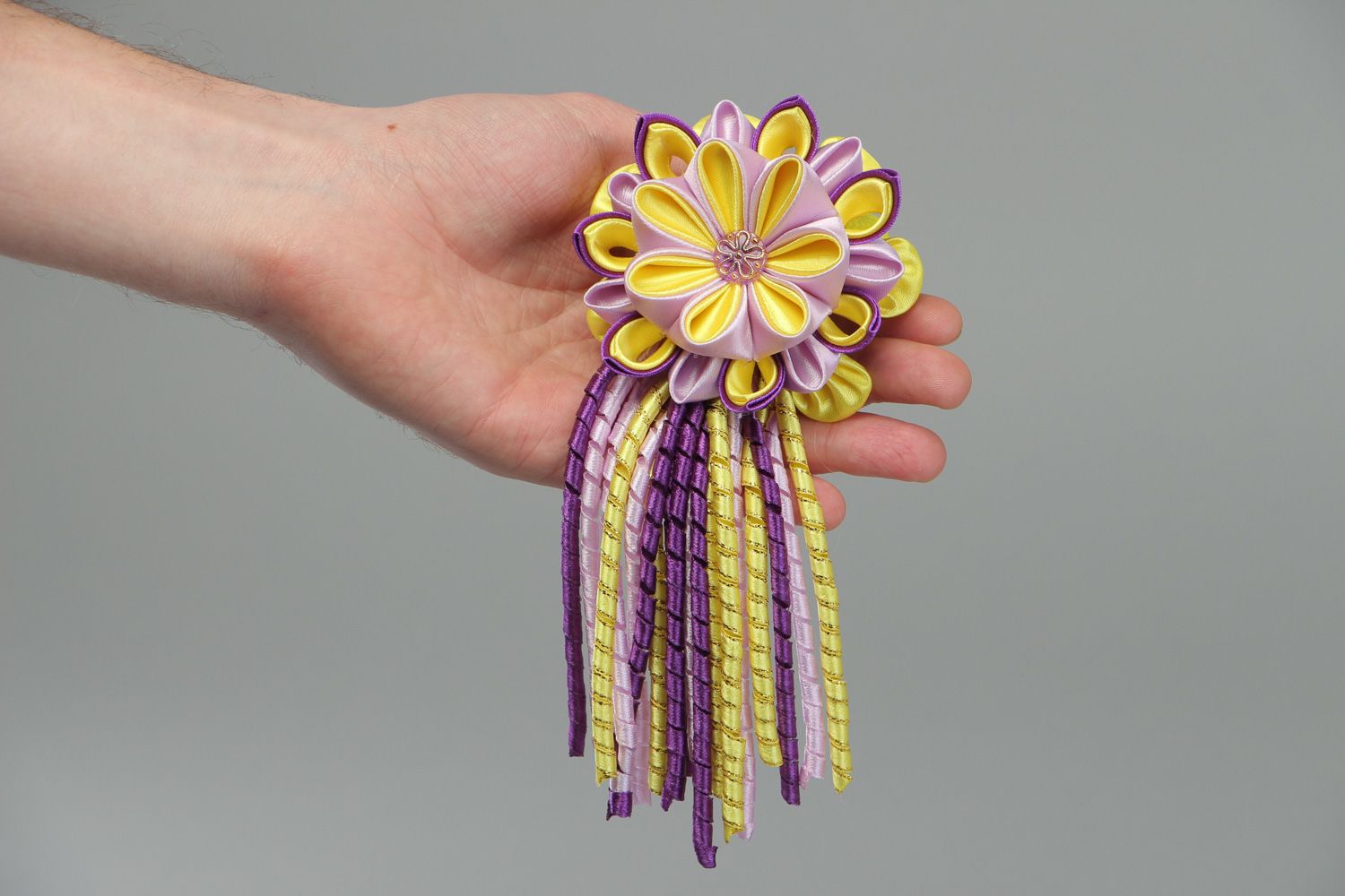 Handmade yellow and violet hair tie with satin ribbon volume kanzashi flower photo 4