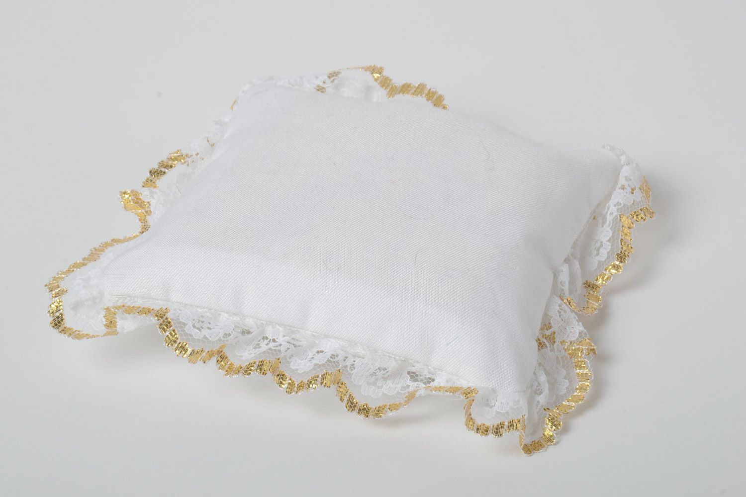 Handmade festive wedding rings pillow sewn of satin with lace and Czech beads photo 4