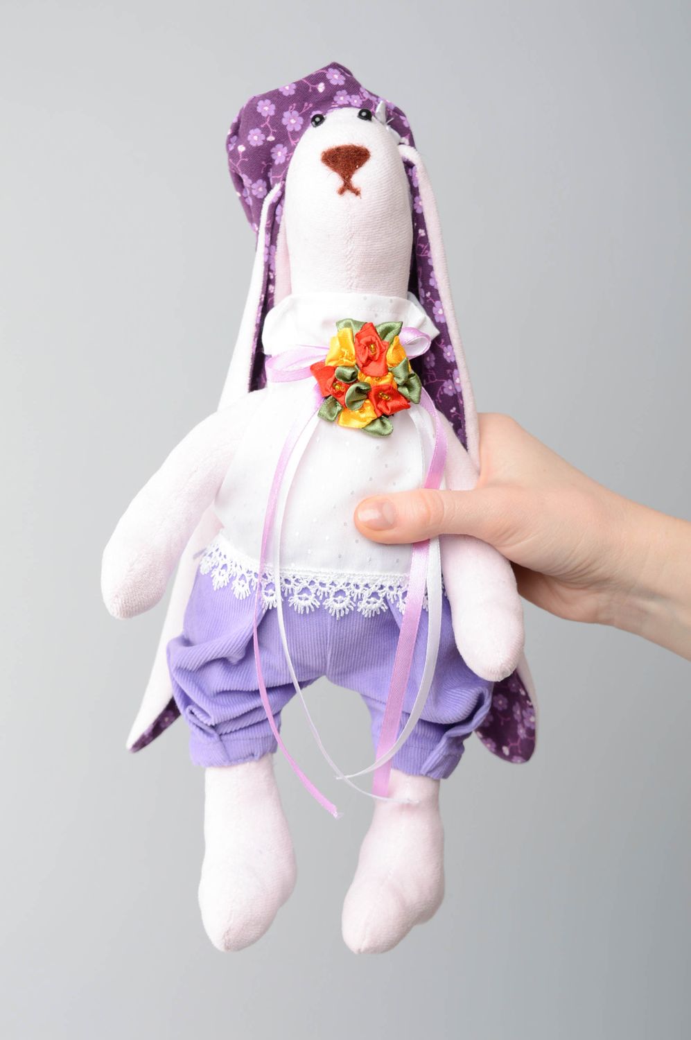 Handmade fabric toy Rabbit in Beret photo 4