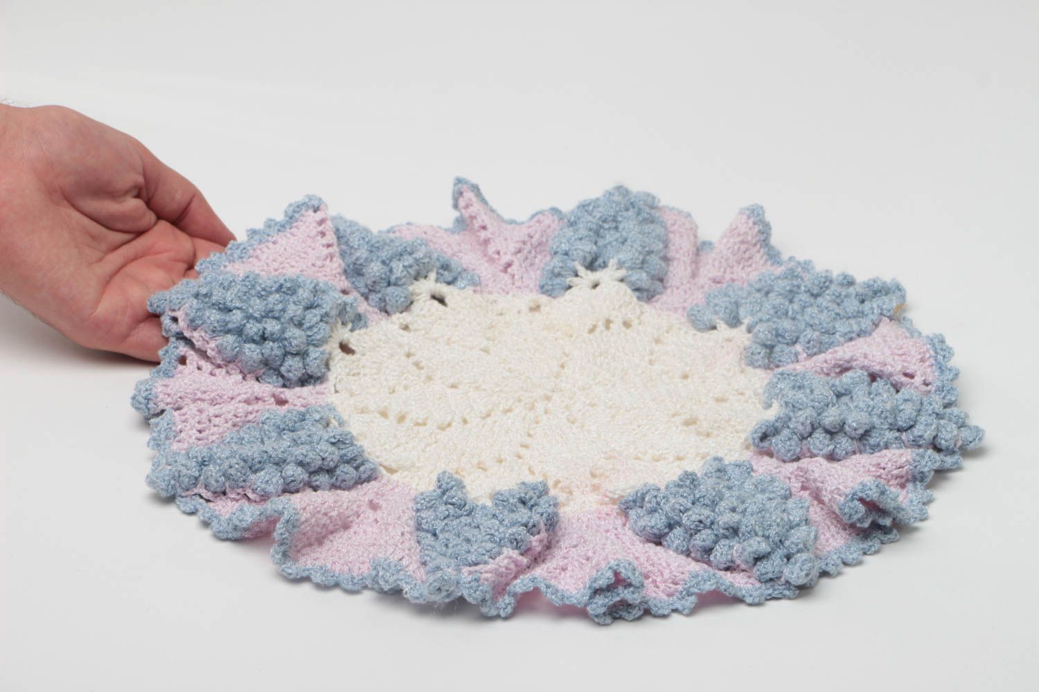 Handmade decorative light festive round lacy napkin crocheted of viscose threads photo 5