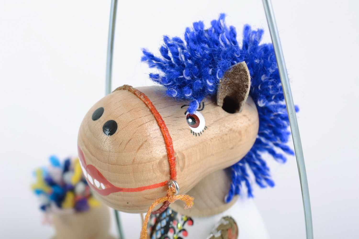 Handmade eco friendly wooden toy horse on a swing funny cute painted doll photo 3