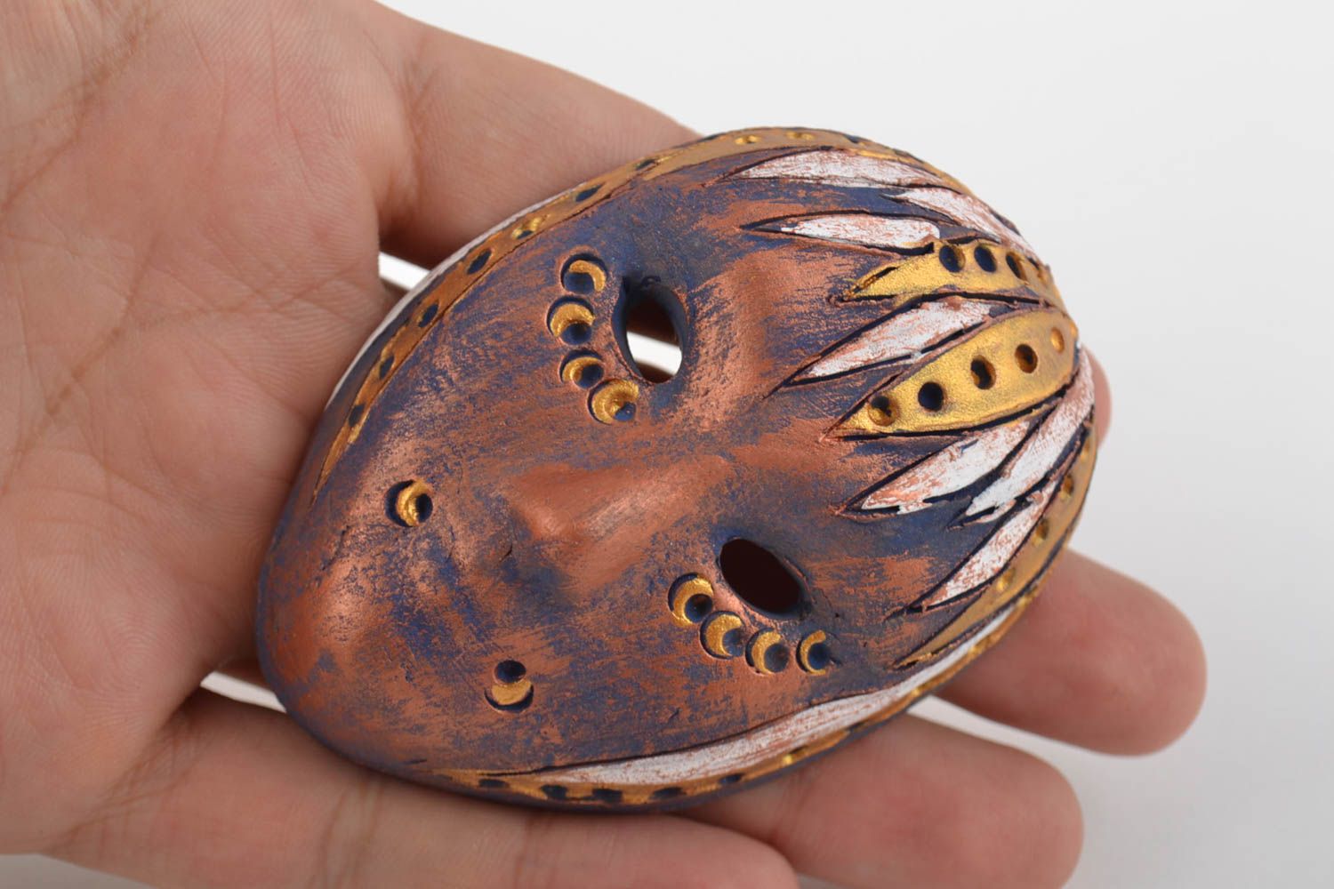 Handmade brown fridge magnet in shape of carnival mask made of clay photo 2
