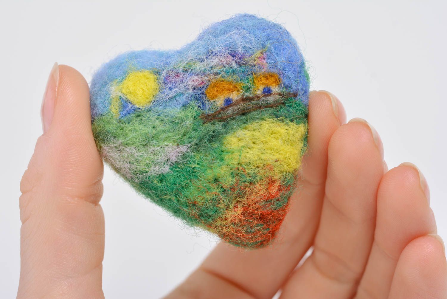 Small colorful handmade designer felted wool brooch in the shape of heart photo 2