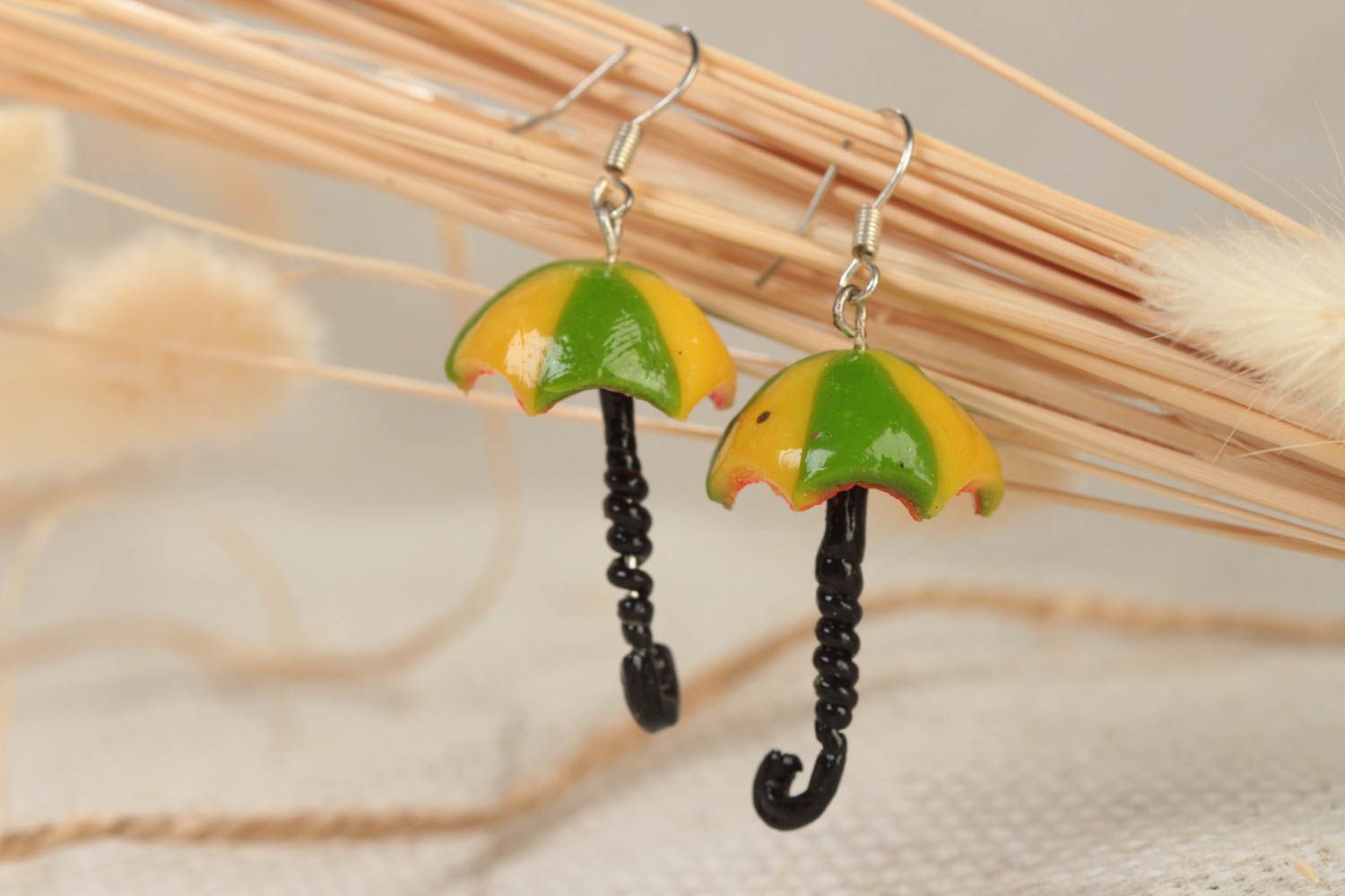 Handmade polymer clay dangling earrings with colorful umbrellas for girls  photo 1