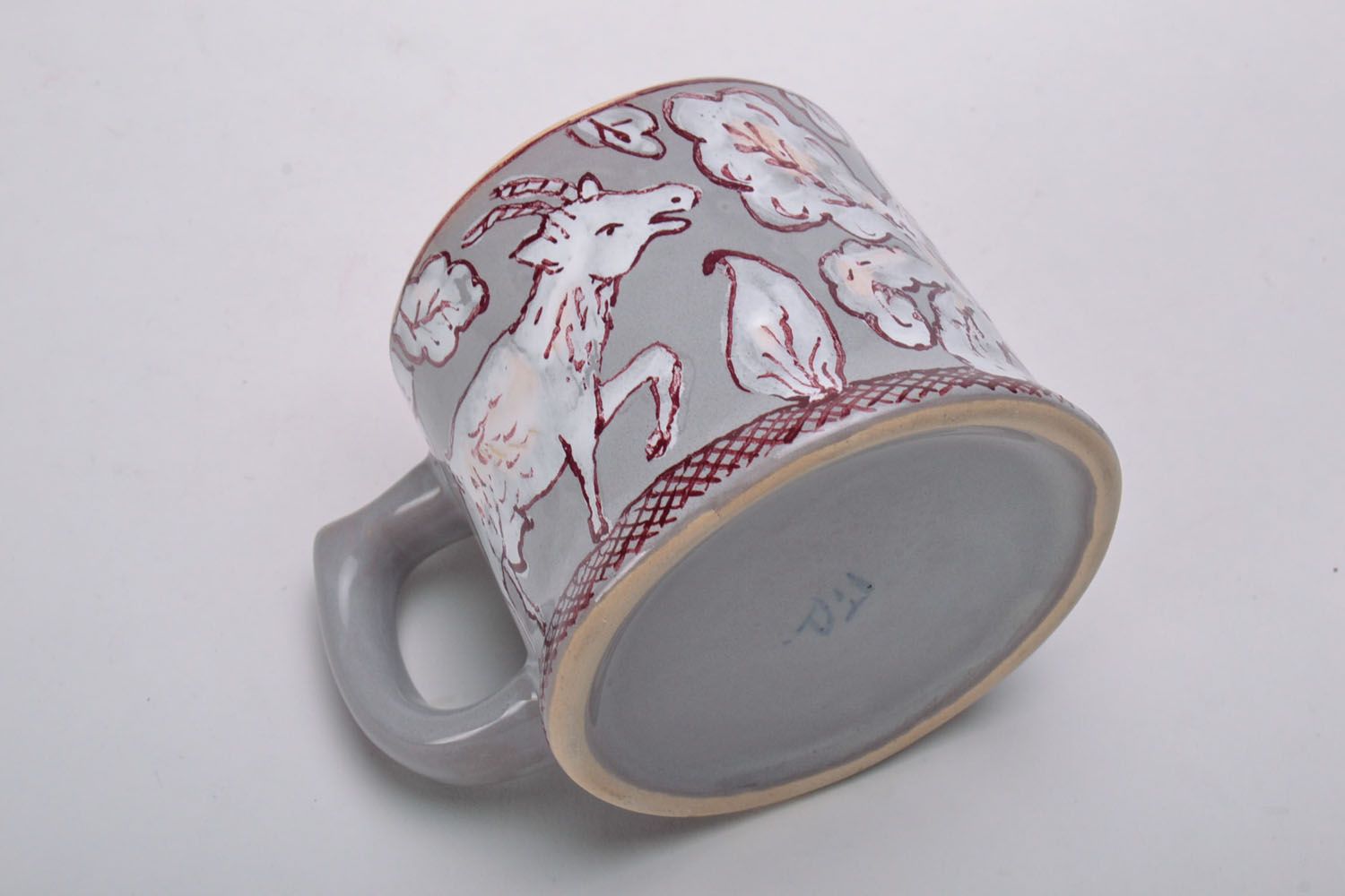 Clay glazed porcelain grey, cherry, white cup with goat pattern photo 4