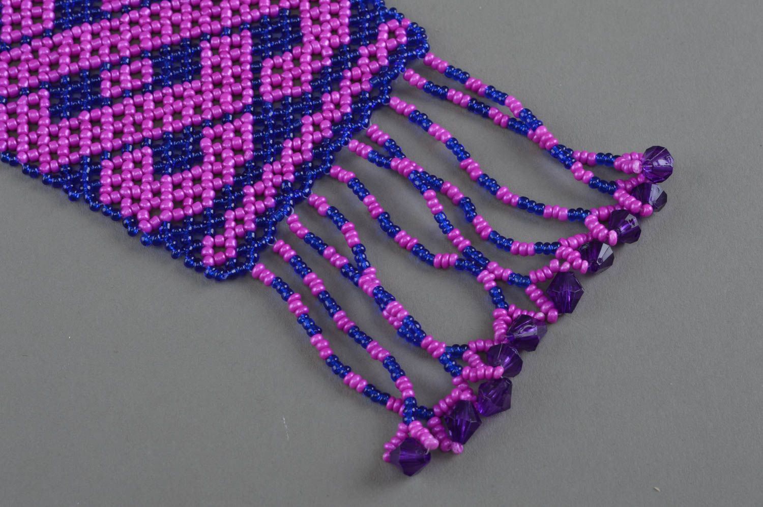 Оригинальное женское ожерелье гердан из бисера ручной работы сине розовый фото 3