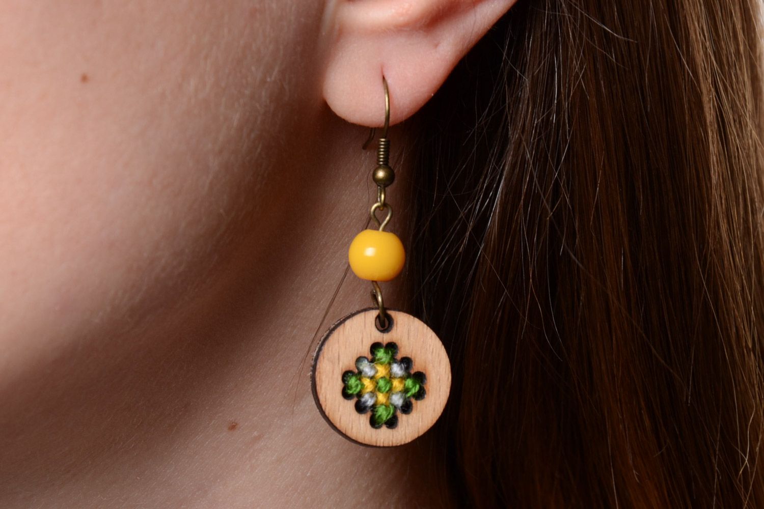 Handmade round plywood earrings with cross-stitch embroidery unusual jewelry photo 5