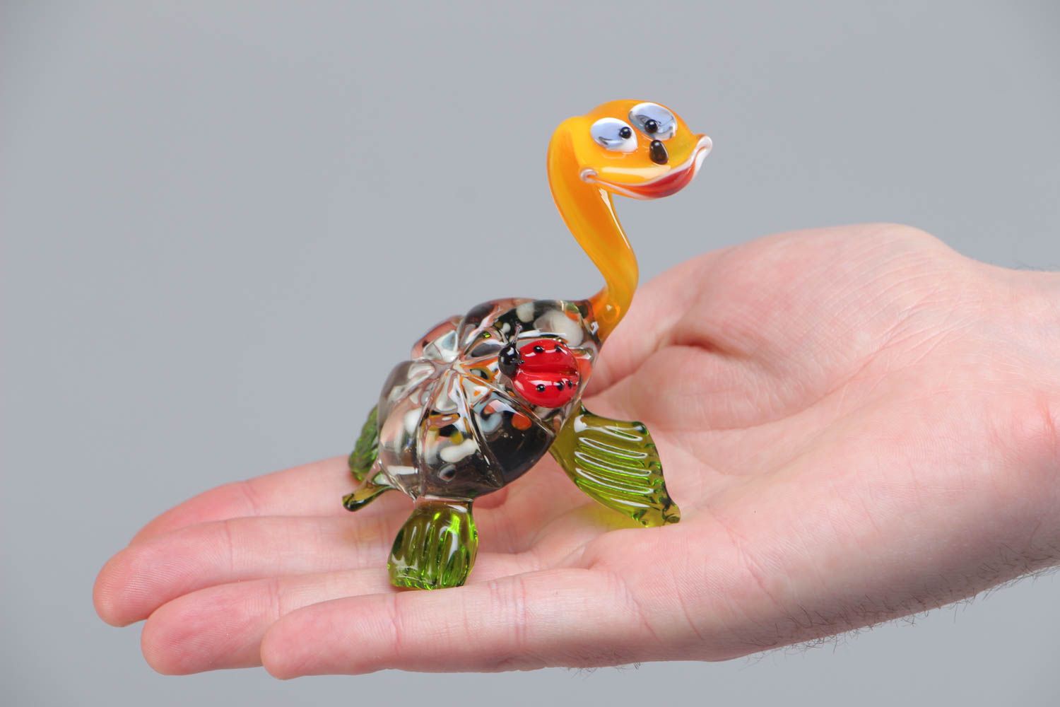 Handmade collectible miniature lampwork glass animal figurine of colorful turtle photo 5