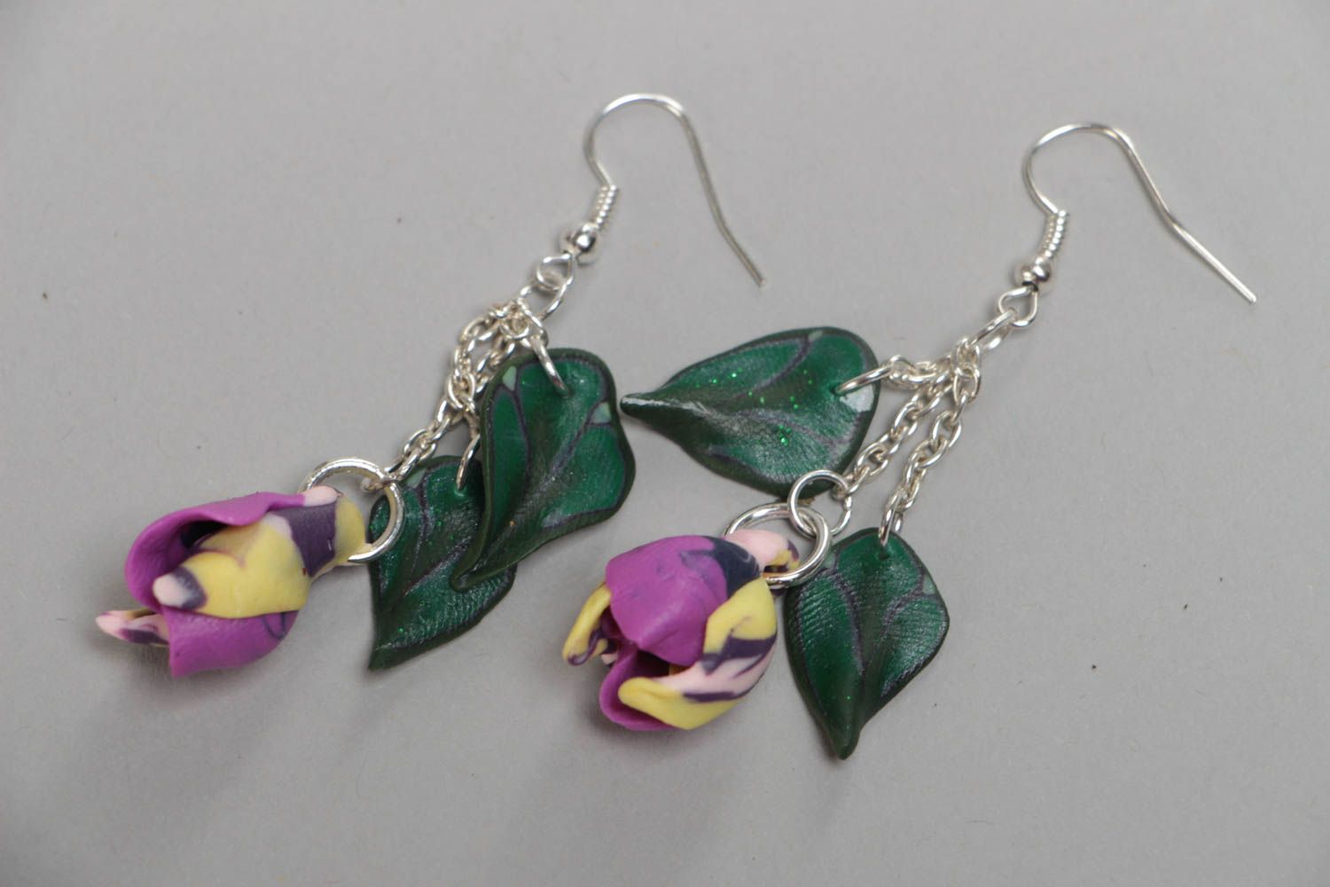Earrings made of polymer clay in the form of flower buds long handmade jewelry photo 2