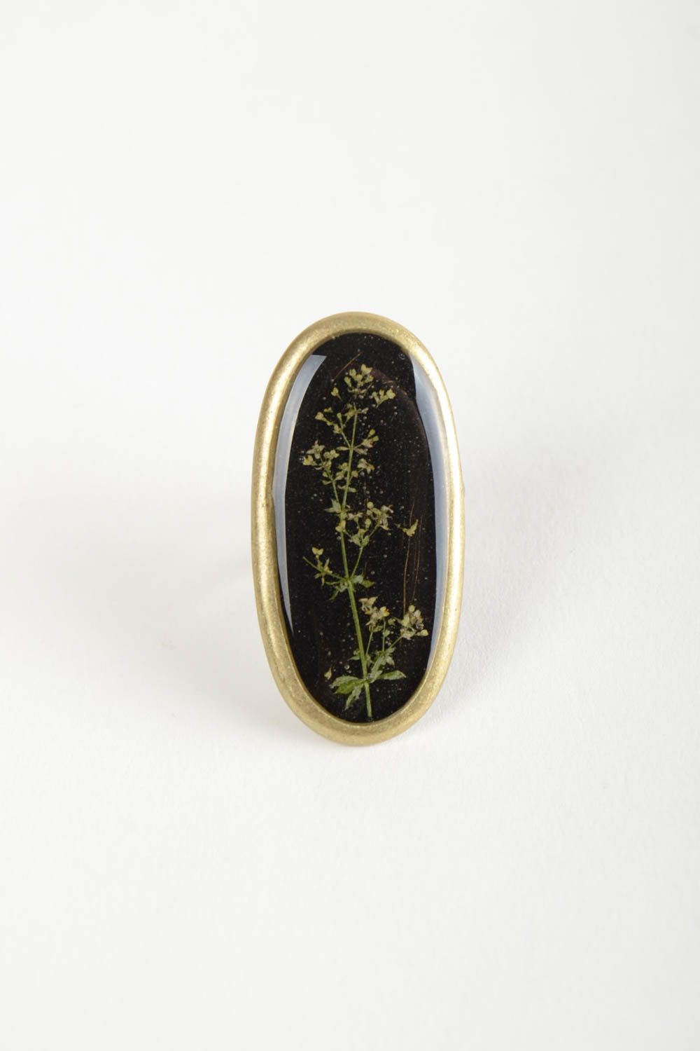 Large handmade designer dark botanical ring with dried flowers coated with epoxy photo 4