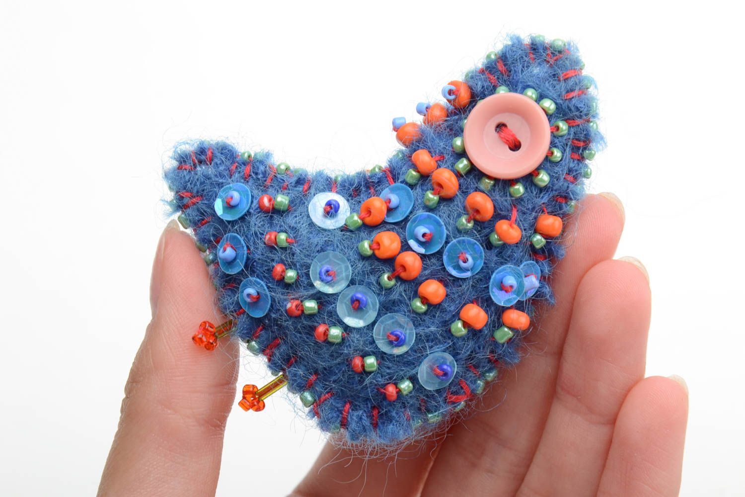 Funny handmade textile woolen brooch embroidered with beads and sequins in blue  photo 5