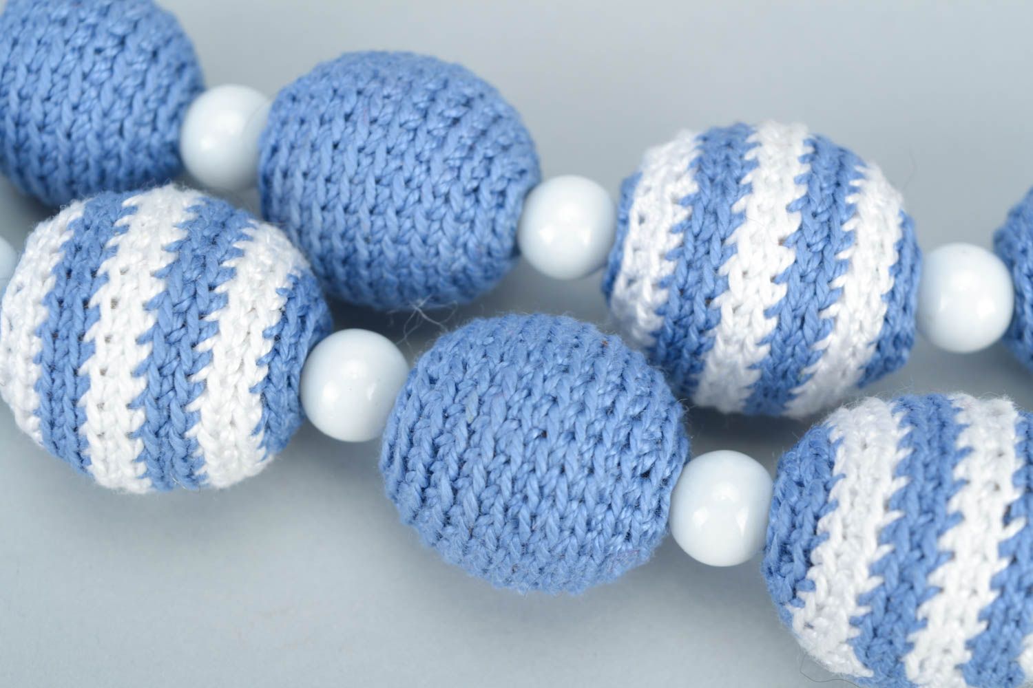 Blue handmade designer soft babywearing necklace crochet over with cotton threads photo 4