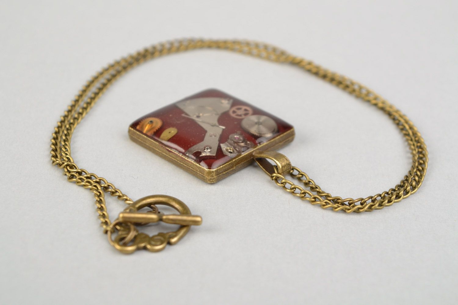Handmade square neck pendant with epoxy resin in steampunk style on long chain  photo 5