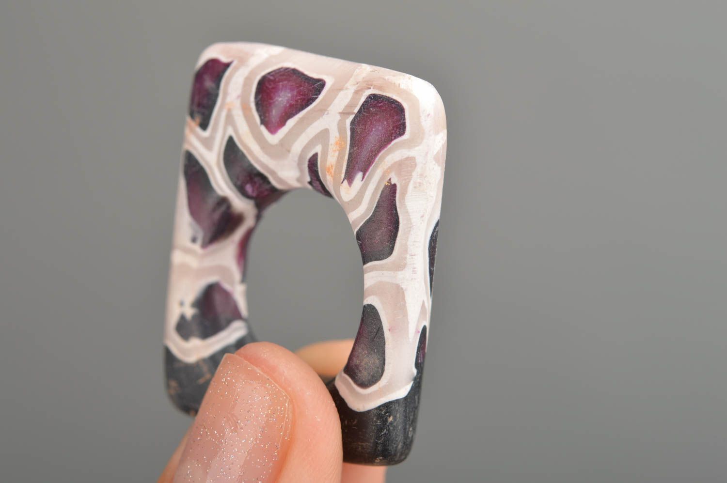 Extravagant stylish handmade unusual square ring made of polymer clay photo 2