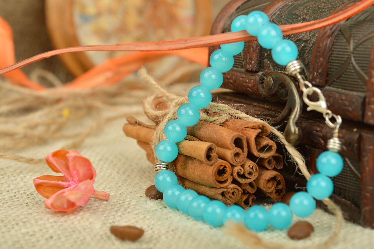 Designer bright blue beaded thin wrist bracelet handmade accessory for women photo 1