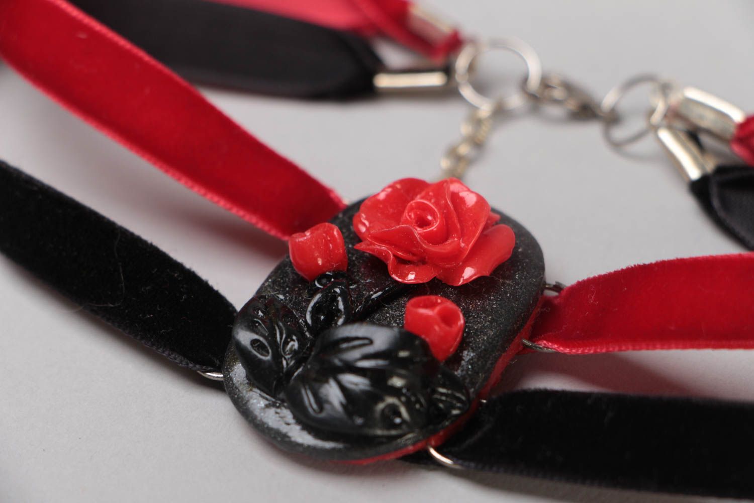 Handmade black and red collar necklace with ribbons and polymer clay element  photo 3