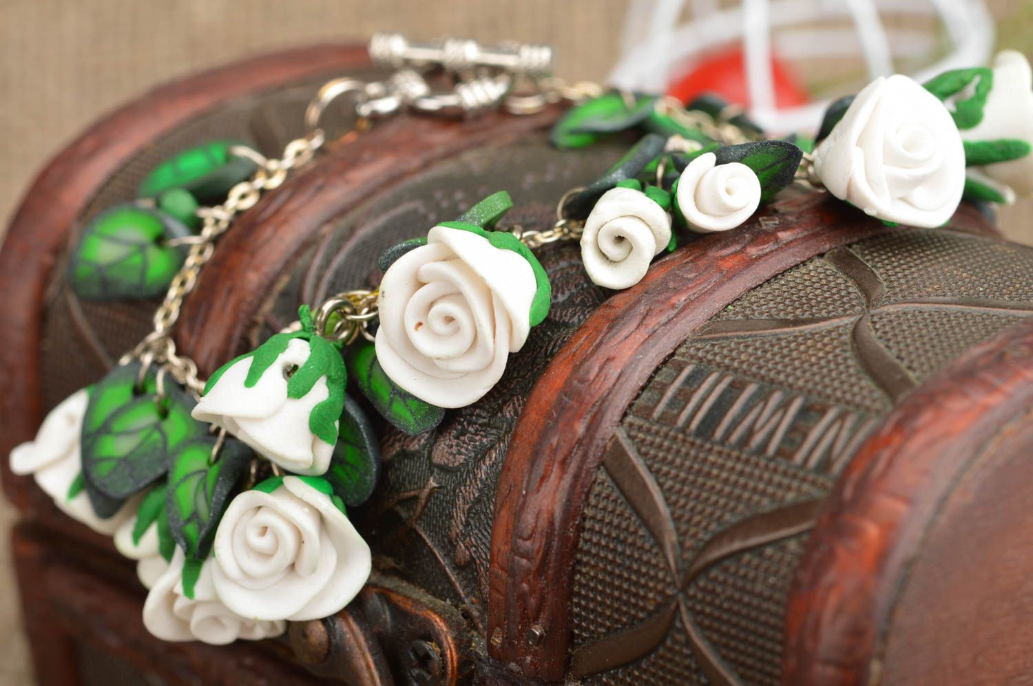 Bracelet with white polymer clay flowers on chain delicate handmade  photo 1