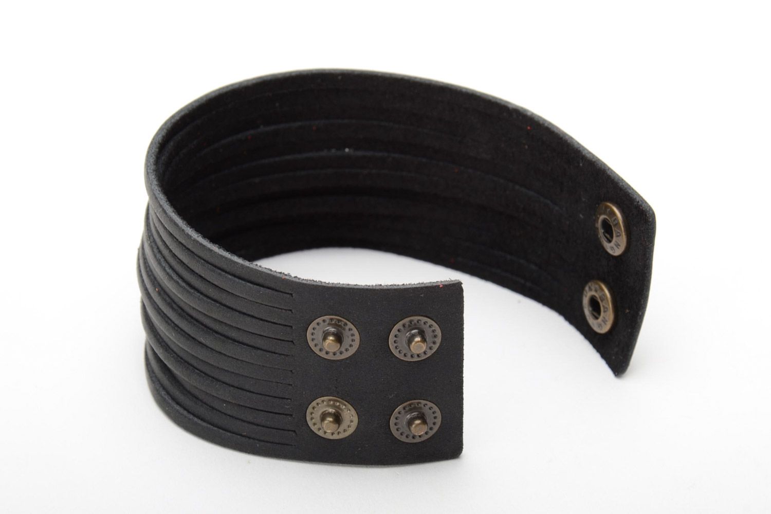 Handmade black genuine leather wide bracelet with button clasp unisex photo 5