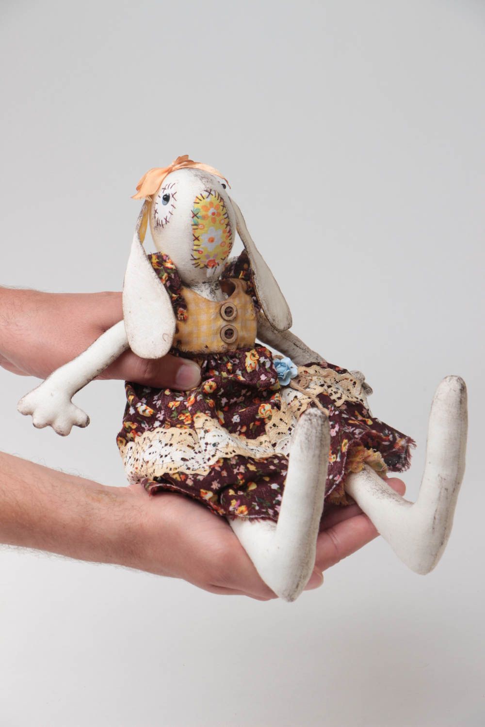 Handmade designer fabric soft toy rabbit girl in vintage style for interior photo 5