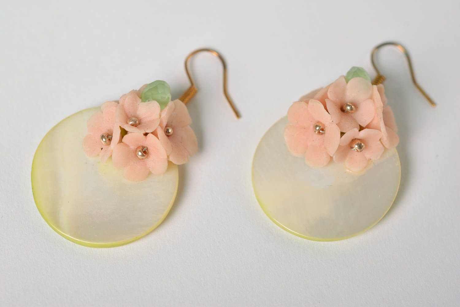 Handmade tender designer earrings with Japanese polymer clay pink small flowers photo 2