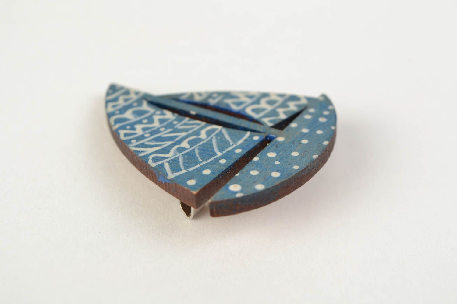 Handmade designer wooden brooch painted with acrylics blue Sailboat photo 5
